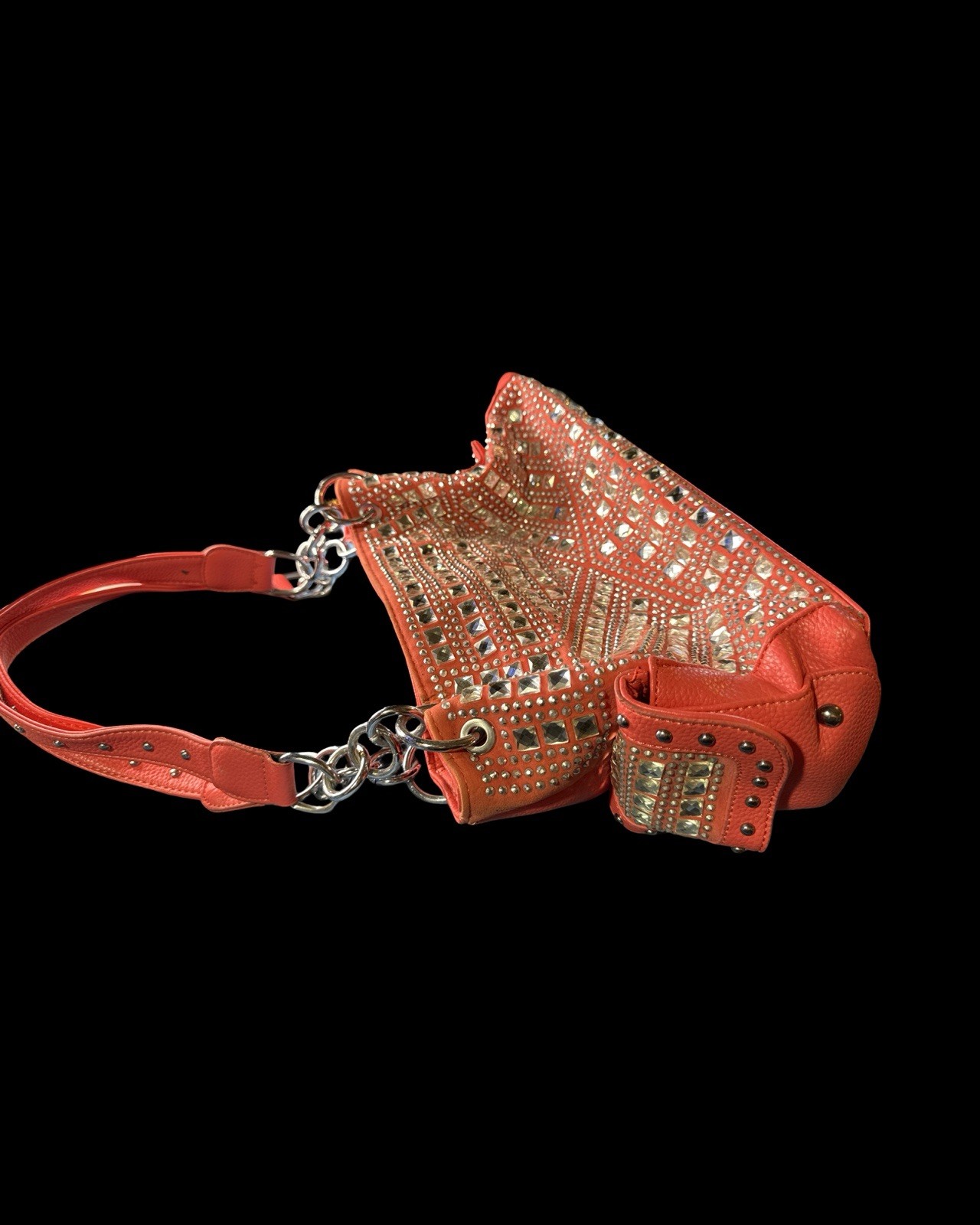Pink Studded Shoulder Bag Chain Strap Rhinestone Embellished Punk Style Purse