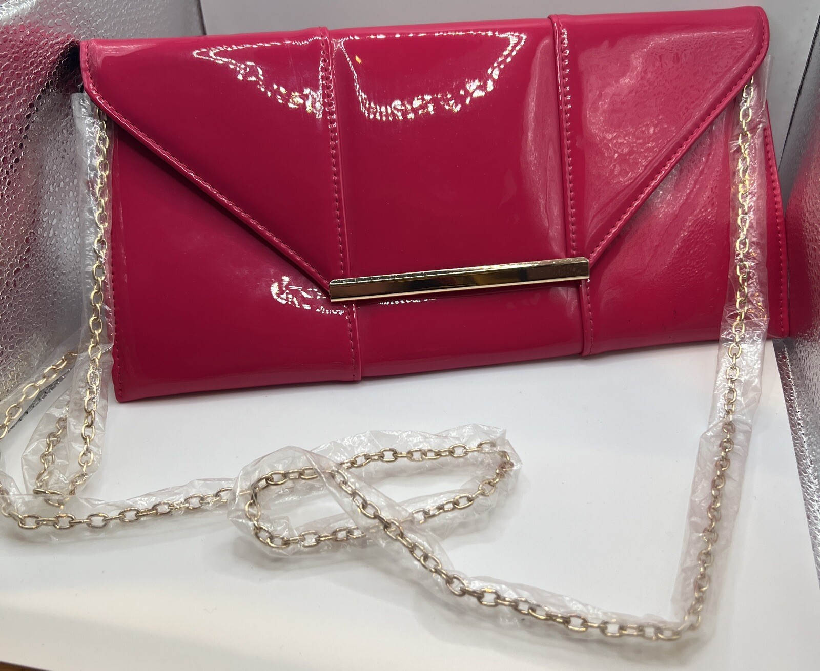 JNB Fuchsia Leather Envelope Clutch Handbag w/ Golden Shoulder Strap