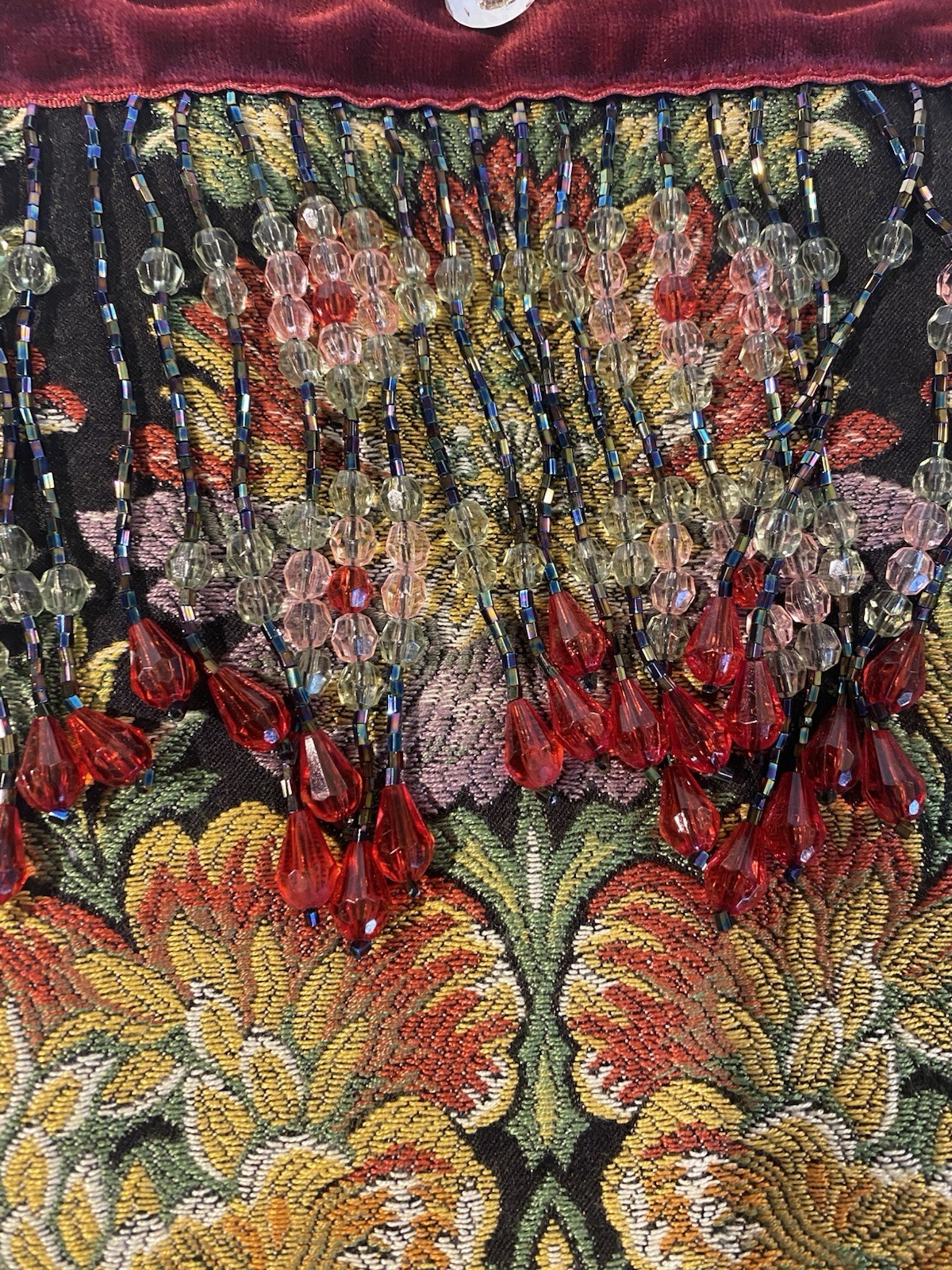 Dorit Collection Vintage Floral Tapestry Evening Bag Beaded Fringe Velvet Trim