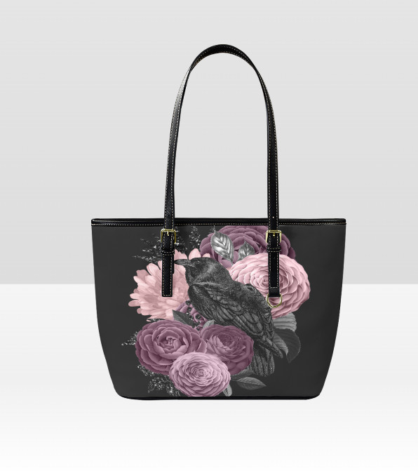 Custom Tote Hand Shoulder Bag 12 X 15 Gothic Crow Purple Lavender Flowers