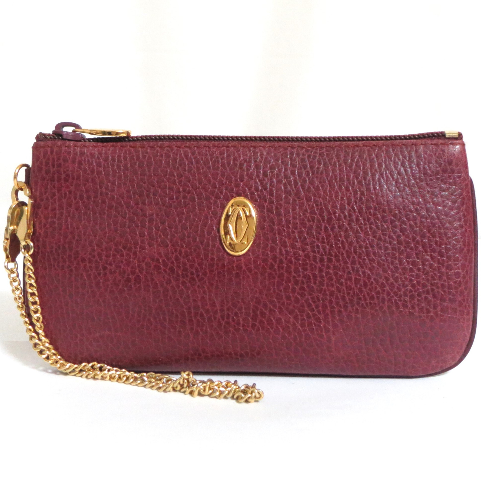 Auth must de Cartier Chain Pouch Wristlet pochette Mini Handbag Bordeaux Leather