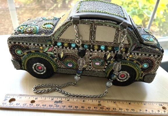 Mary Frances ROAD TRIP CAR AUTO HANDBAG Leather Top Handle Bag Silver Gray/Multi