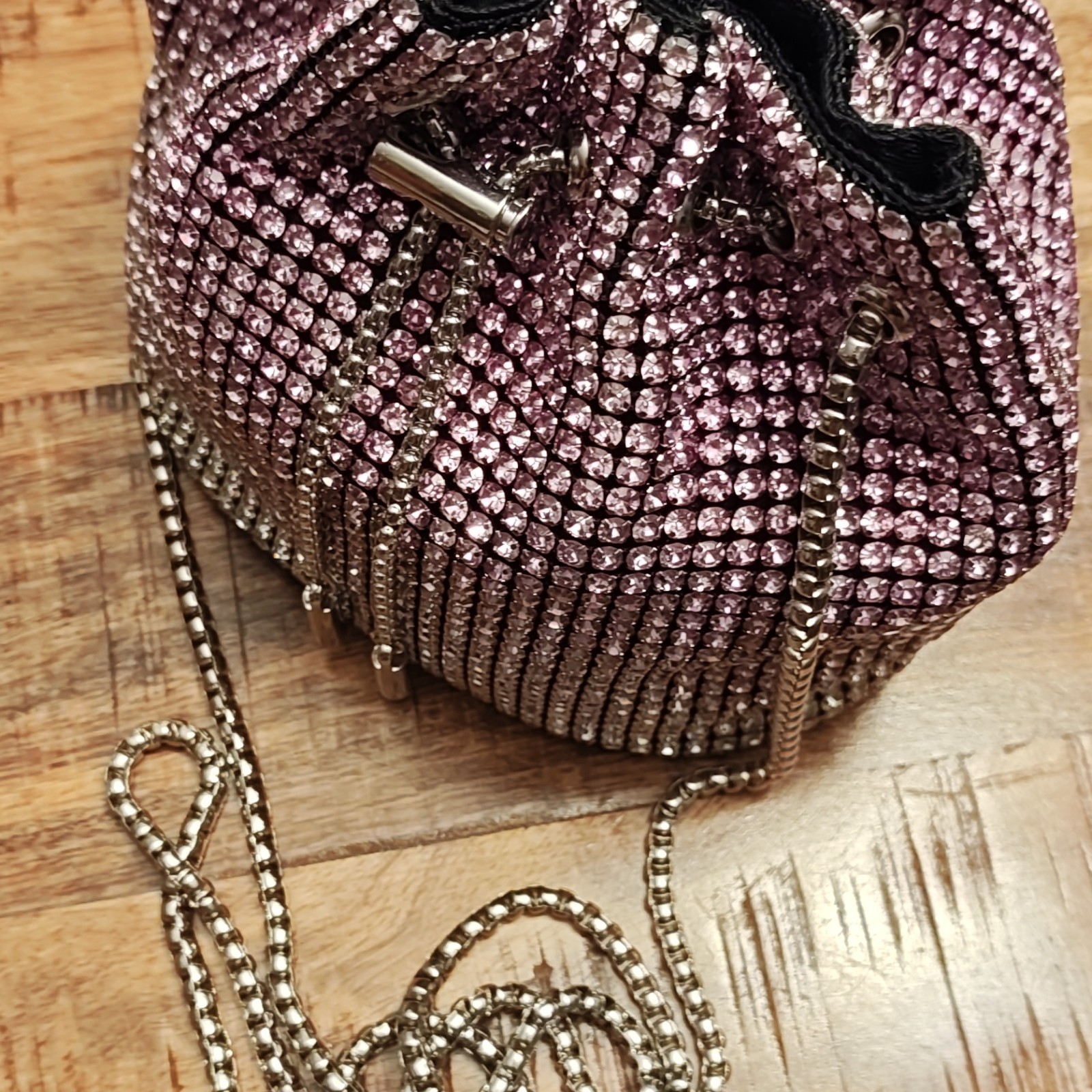 Pink/Silver Rhinestone Crystal Bucket Bag Drawstring Chain Crossbody