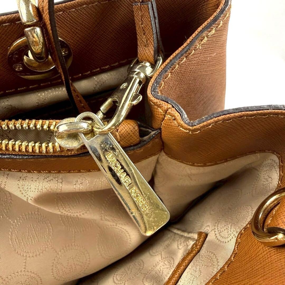 Michael Kors Brown Leather Tote Bag Gold Logo Charm Women Handbag 11.6in