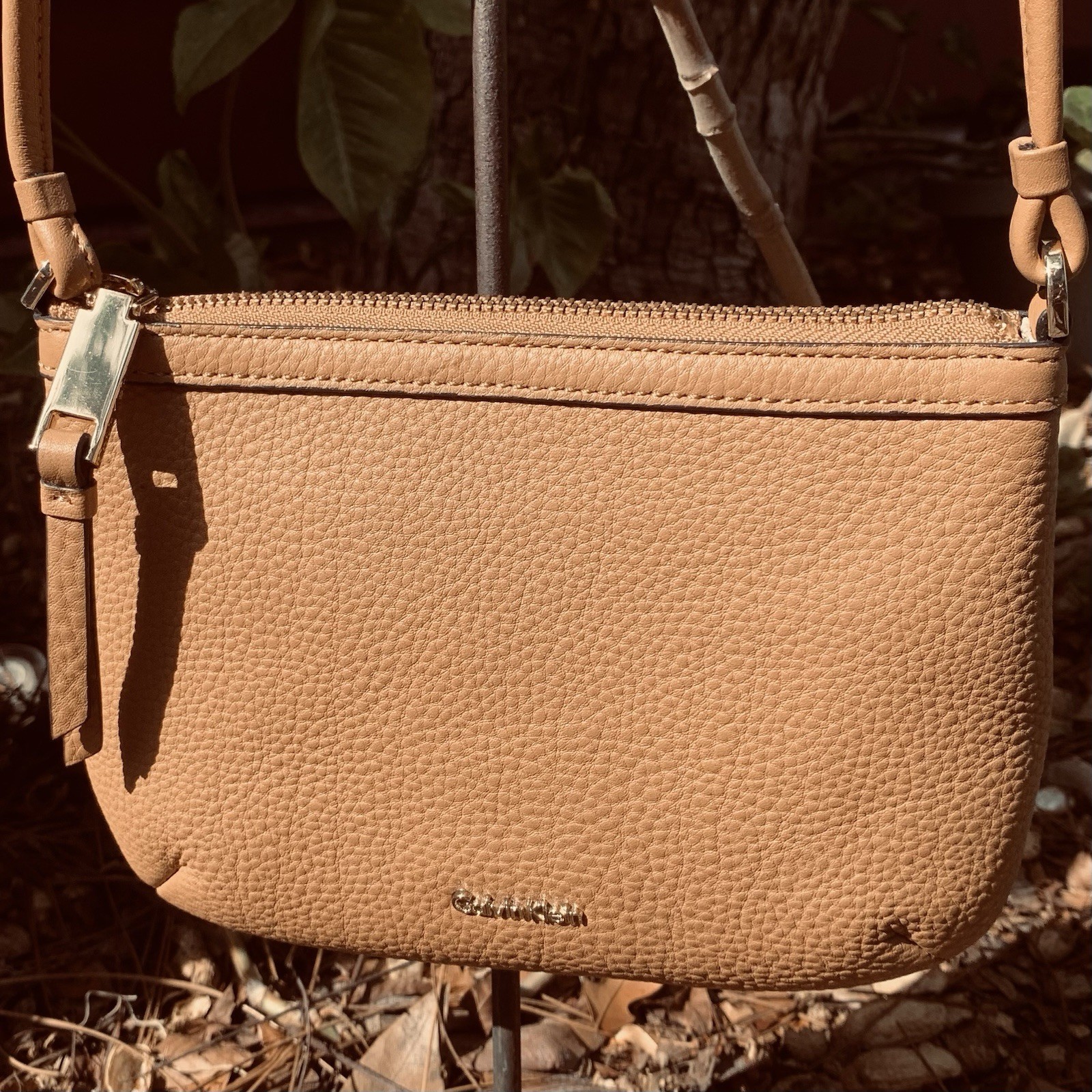 Calvin Klein Crossbody Bag Pebbled Brown Gold Zipper Vegan Leather NEW READ