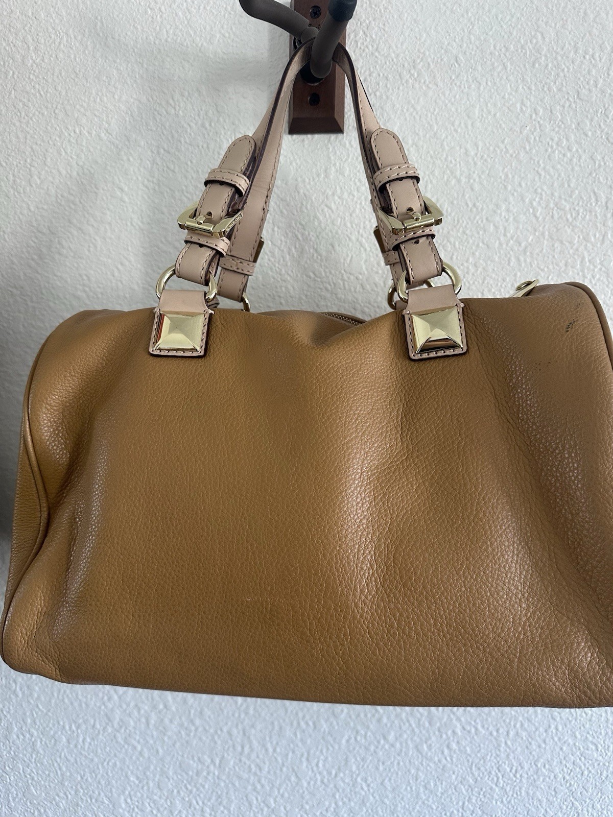Michael Kors Grayson Pebbled Leather Satchel Bag Brown Gold Pyramid Studs Bowler