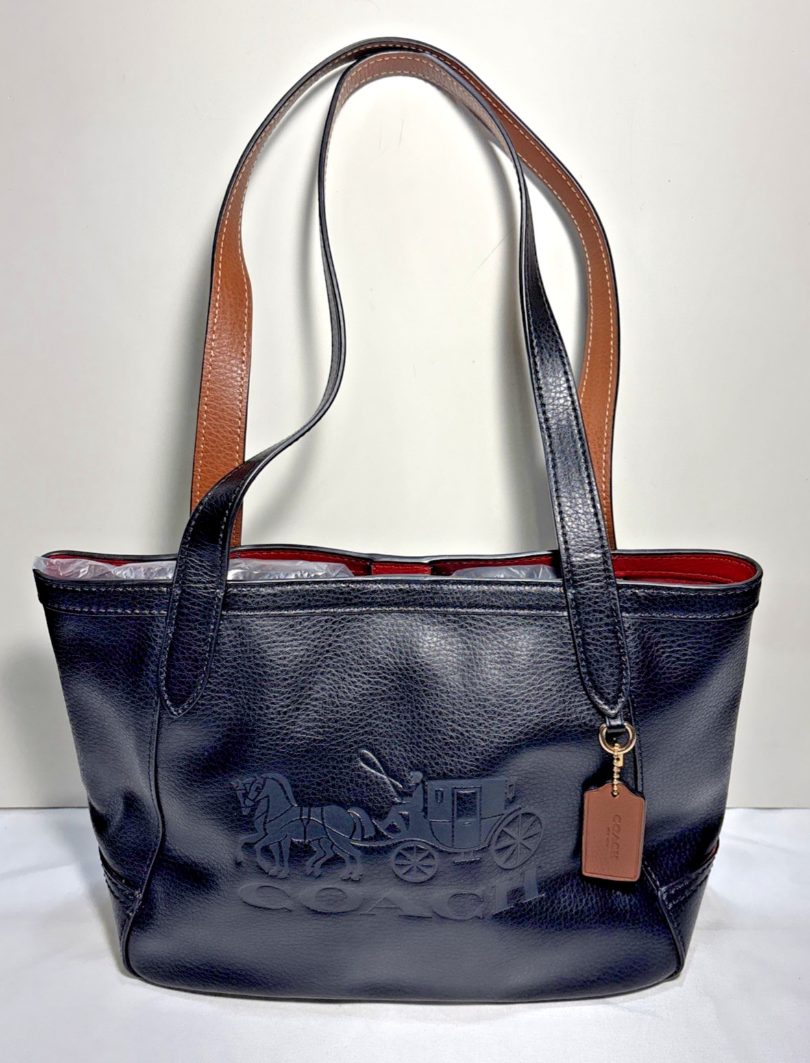 COACH Embossed Horse and Carriage Tote Bag Black Leather Red Interior Brown Trim