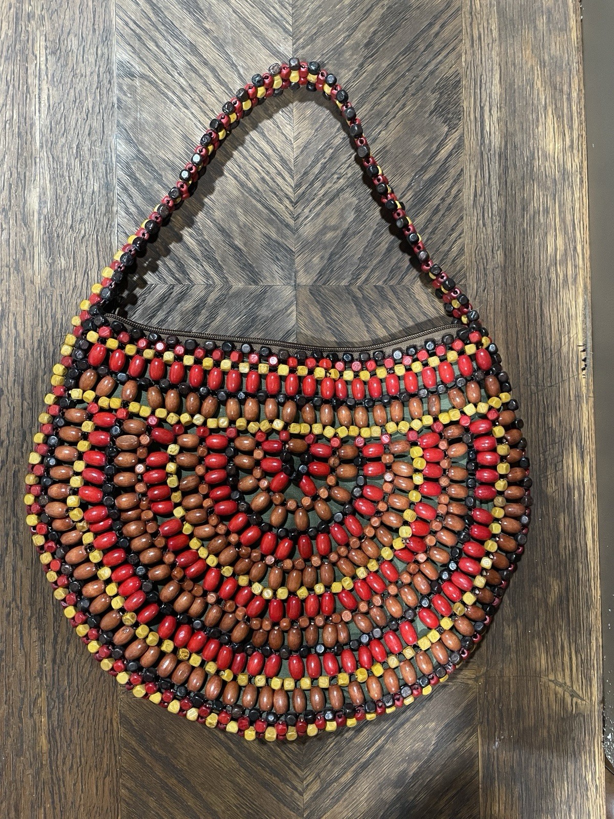 Vintage Wooden Bead Purse Hobo Style 12”x 14” Hippy Boho Retro Great Summer Item