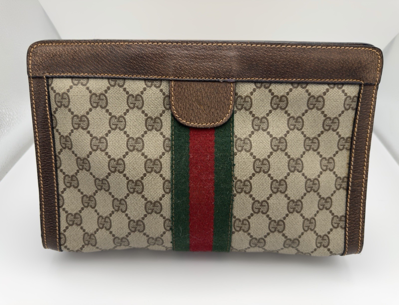 Authentic Gucci Vintage GG Supreme Clutch Web Stripe PVC Brown Classic