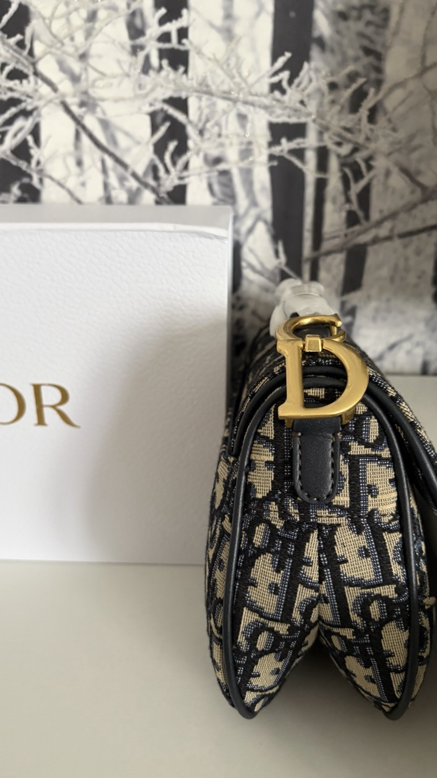 Saddle Oblique Monogram Small Crossbody Beige/Navy Gold