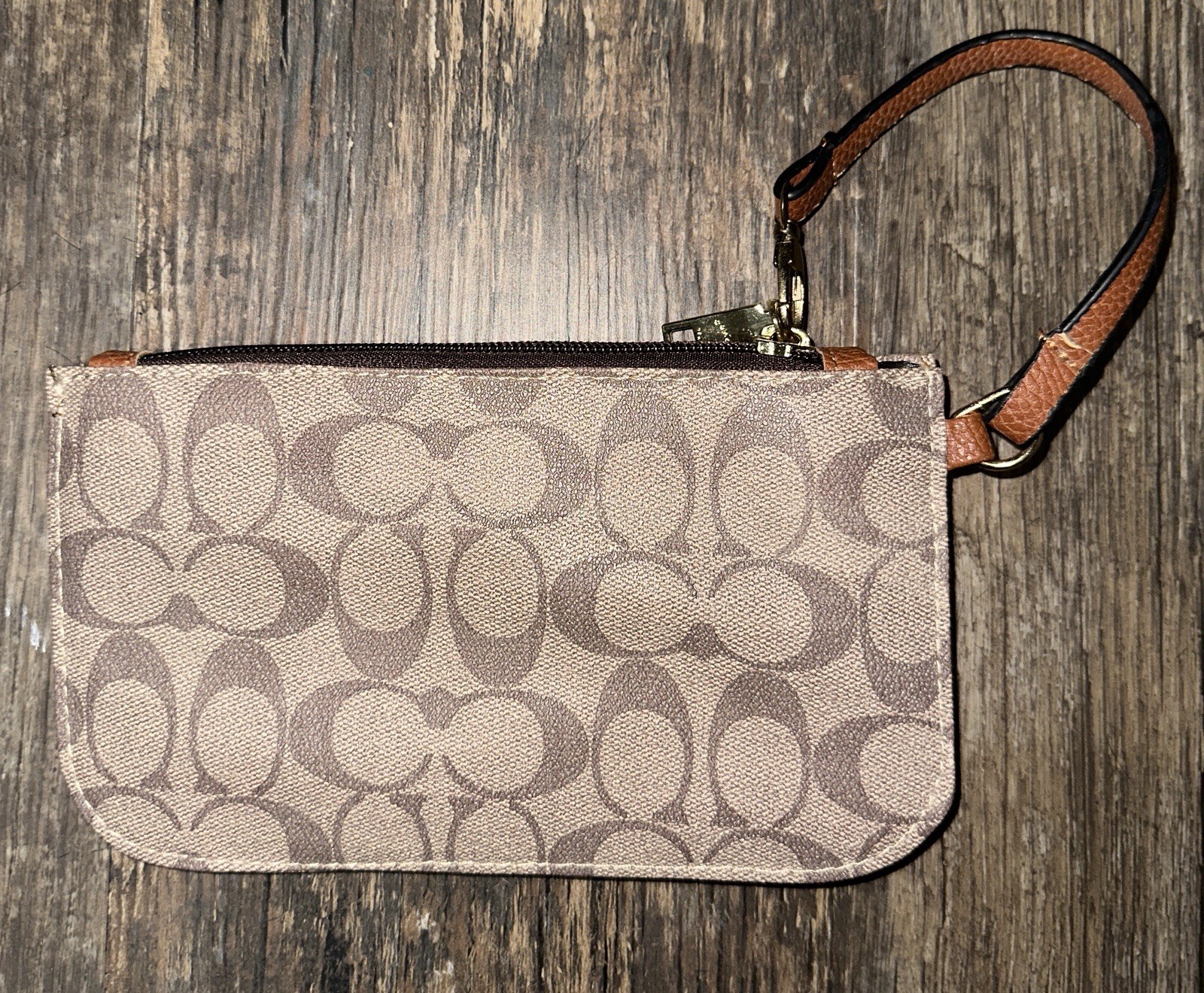 Coach Corner Zip Wristlet In Signature Canvas Khaki Brown Clutch Genuine