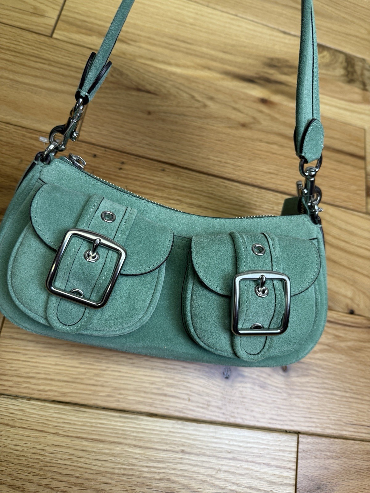 NWT Coach Ashton CDA95 Shoulder Crossbody Bag In MINT GREEN Suede Leather Silver