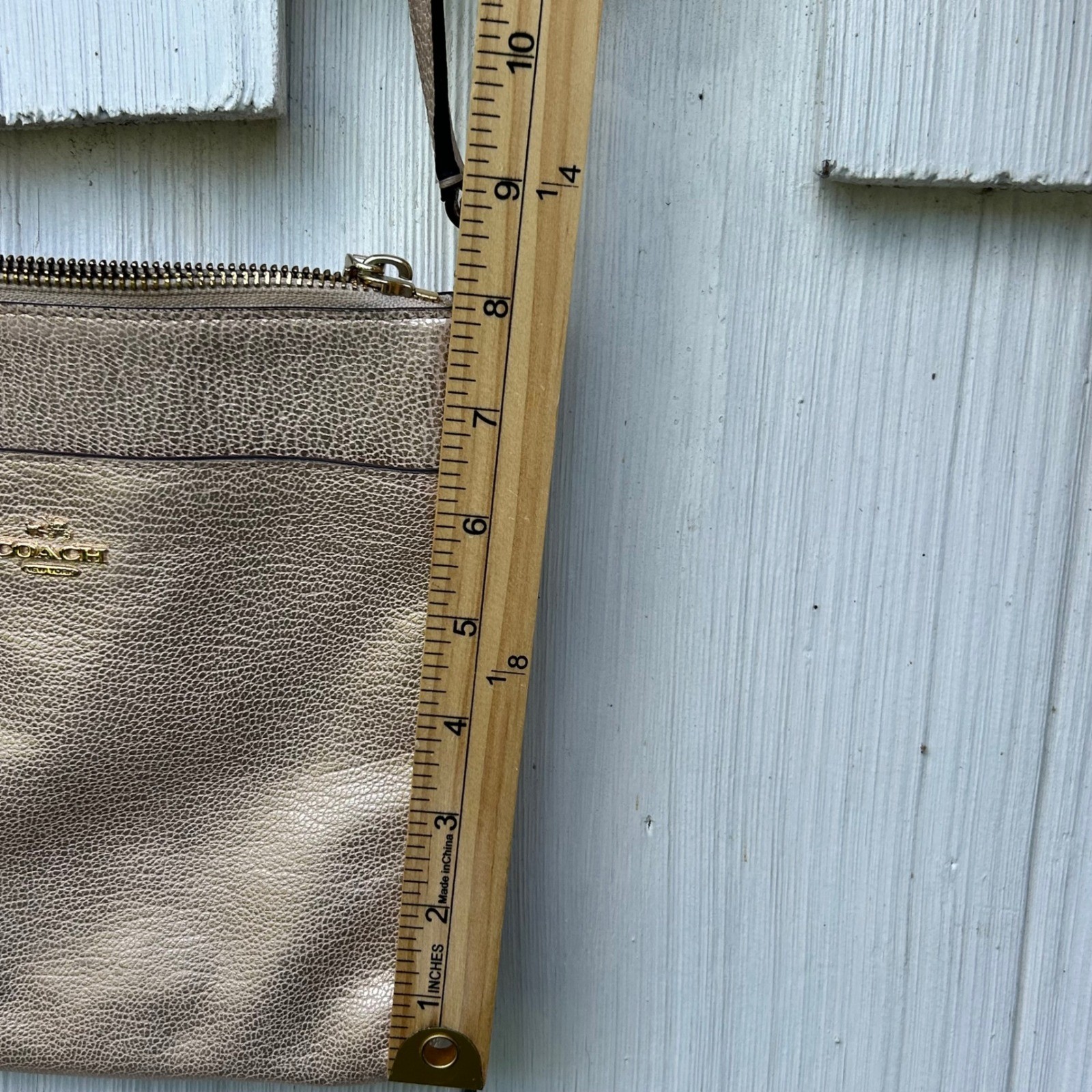 Coach North South Messenger Crossbody Bag Metallic Champagne Gold Leather 8.5in
