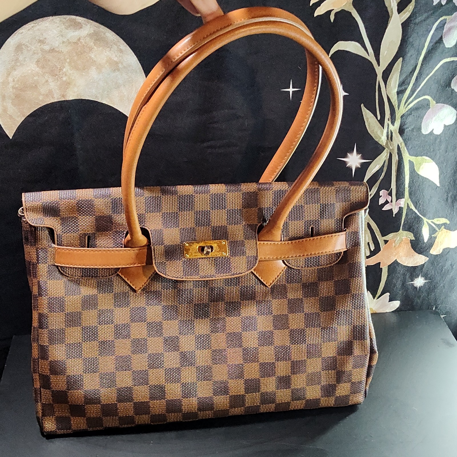 Brown Faux Leather Checkered Purse Gold Metal Clasp