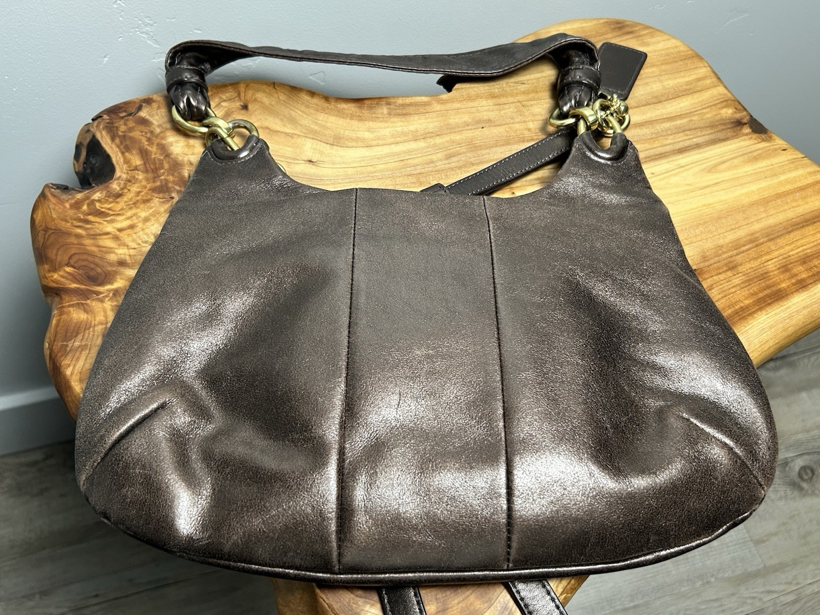 Coach Kristin Brown Leather Hobo Shoulder Bag Push Lock Clasp Brass Hardware