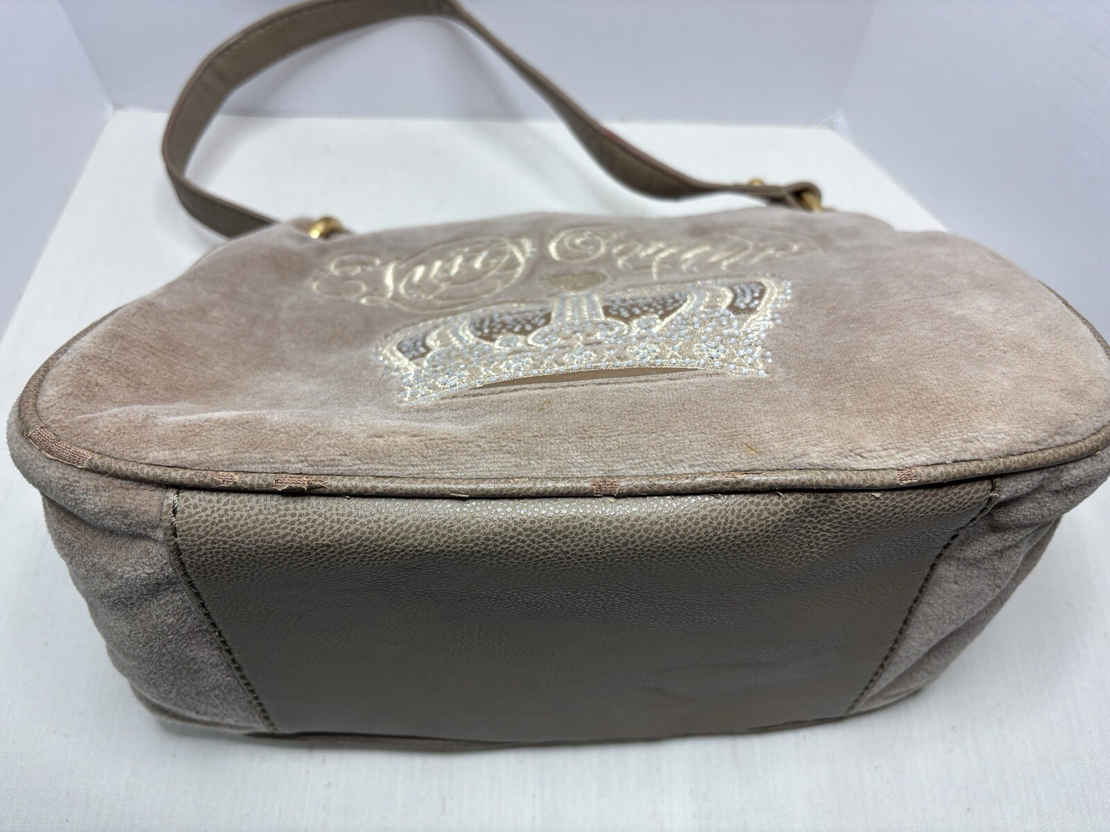 Juicy Couture Velour Handbag Beige Crown Rhinestones Y2K 2012 FLAW
