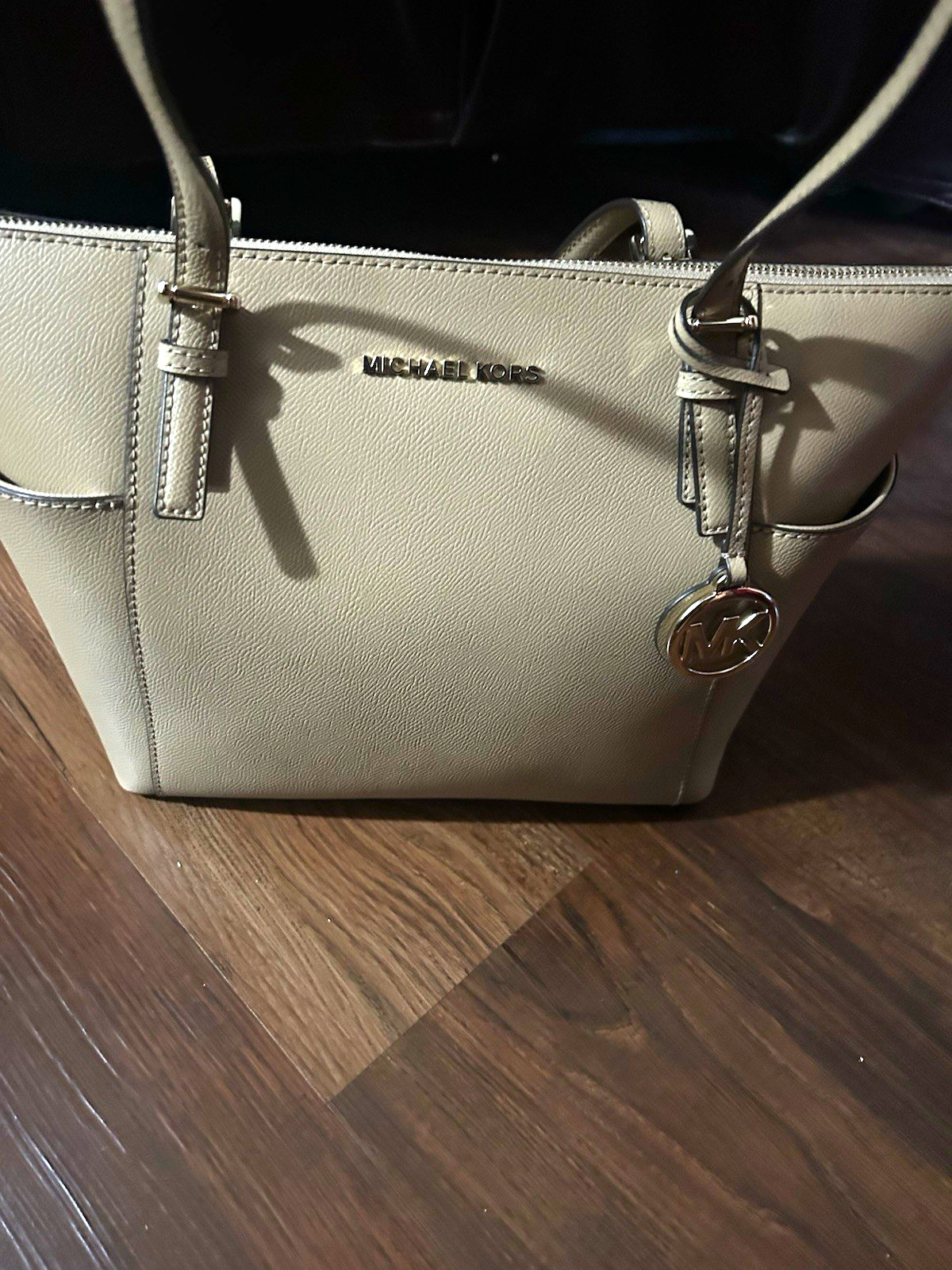 Michael Kors Beige Tote Zip Top Silver Hardware MK Logo Charm, Double Handles