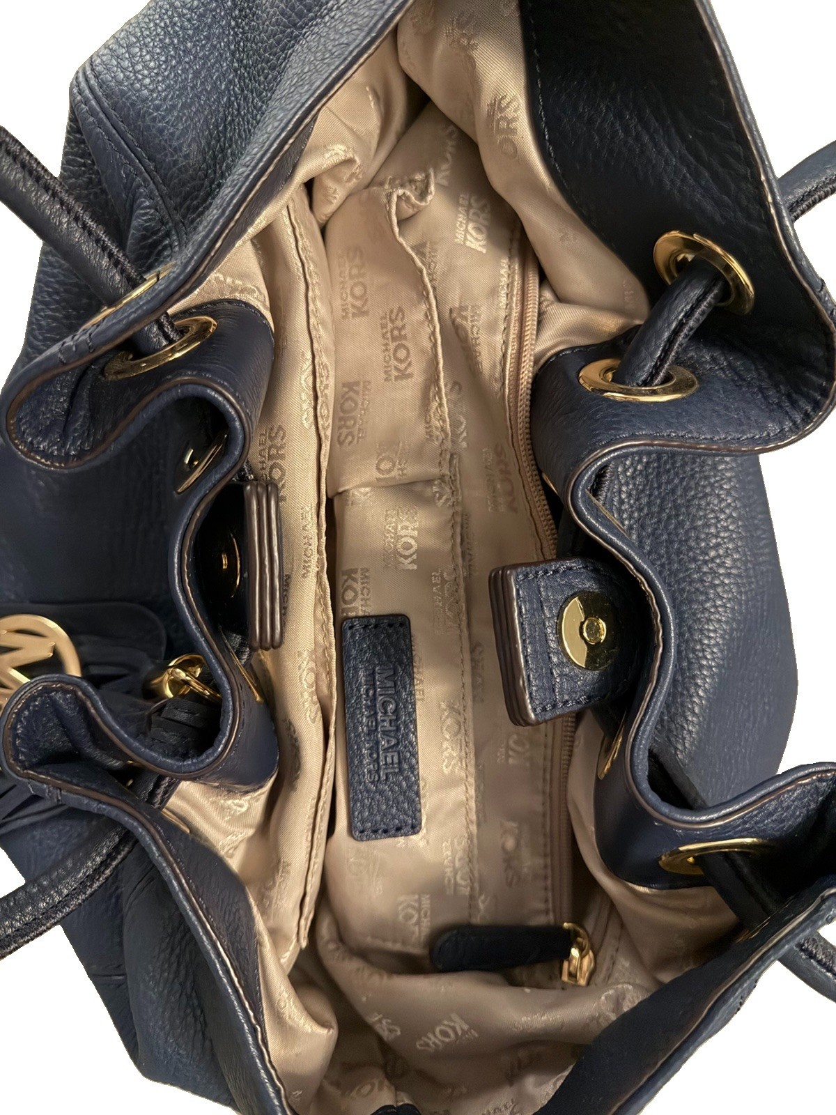 Michael Kors Blue Pebbled Bucket Drawstring Bag Tassel Gold Hardware Pockets