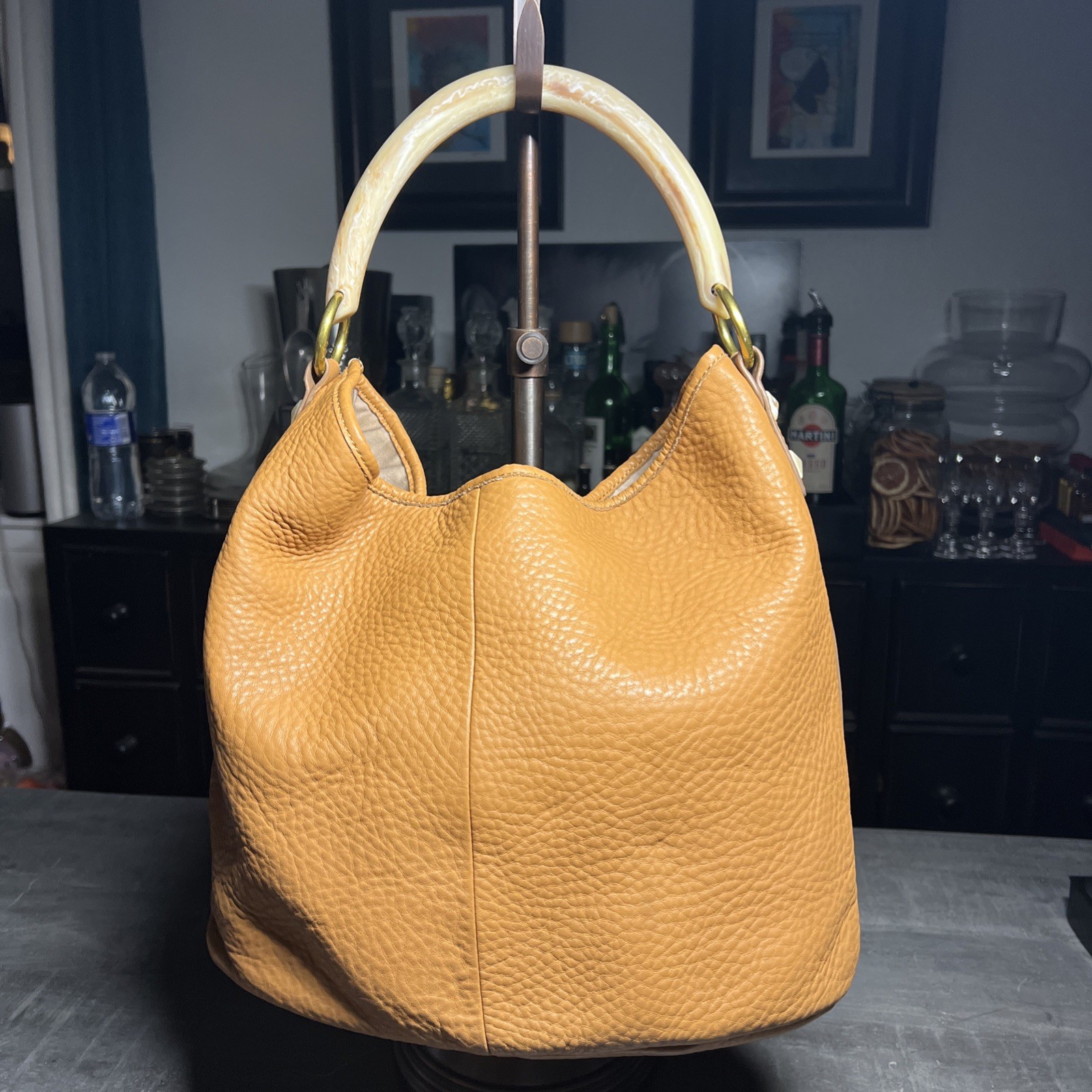 J.Crew Cognac Pebbled Leather Hobo Tote Bag Faux Horn Resin Handle Slouchy Boho