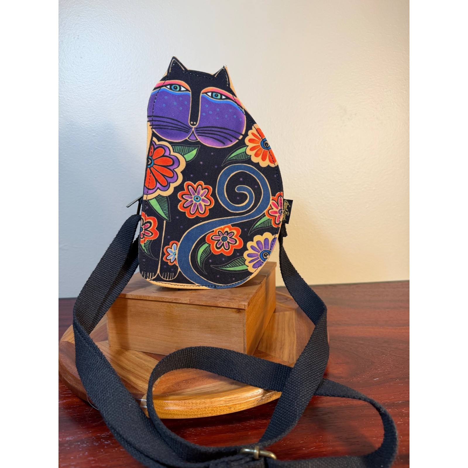 Laurel Burch Indigo Cat Crossbody Bag Black Canvas Floral Artistic Shoulder Bag