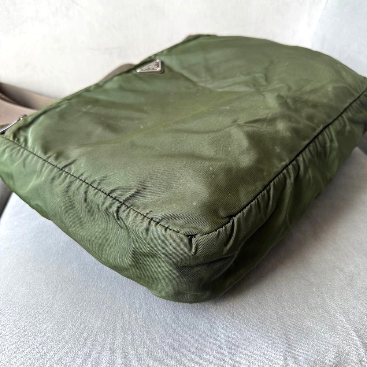 PRADA Nylon Tote Shoulder Bag Moss Green Triangle Logo 13.4×12.0in Auth Used