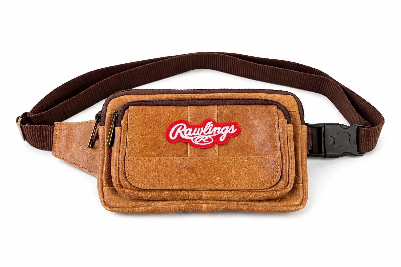 Rawlings Brown Leather Waist Bag Fanny Pack Crossbody Multi Zip Vintage