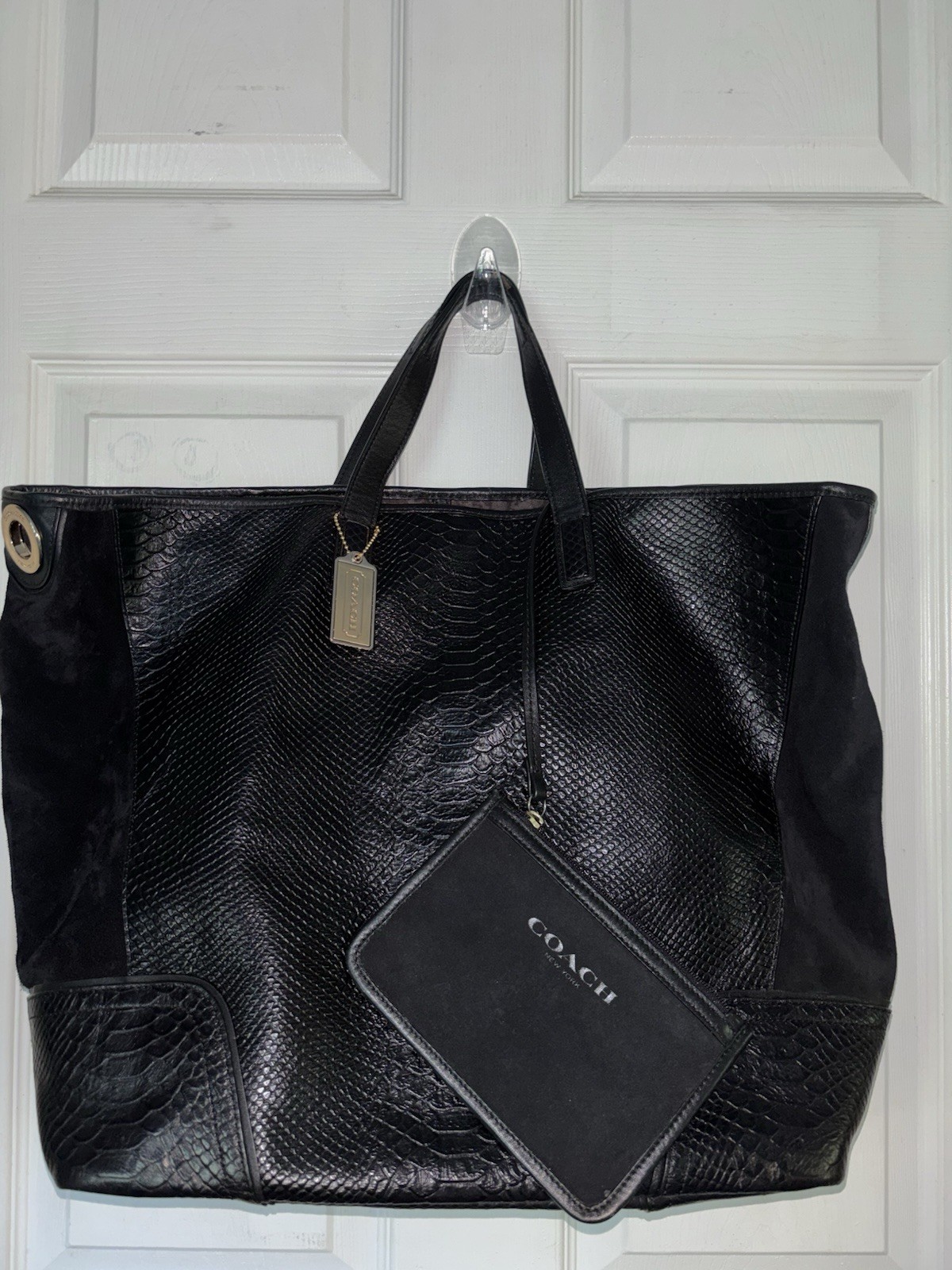 Coach Embossed Python Leather/ Suede Hadley XL tote w/ Suede & Leather Pouch