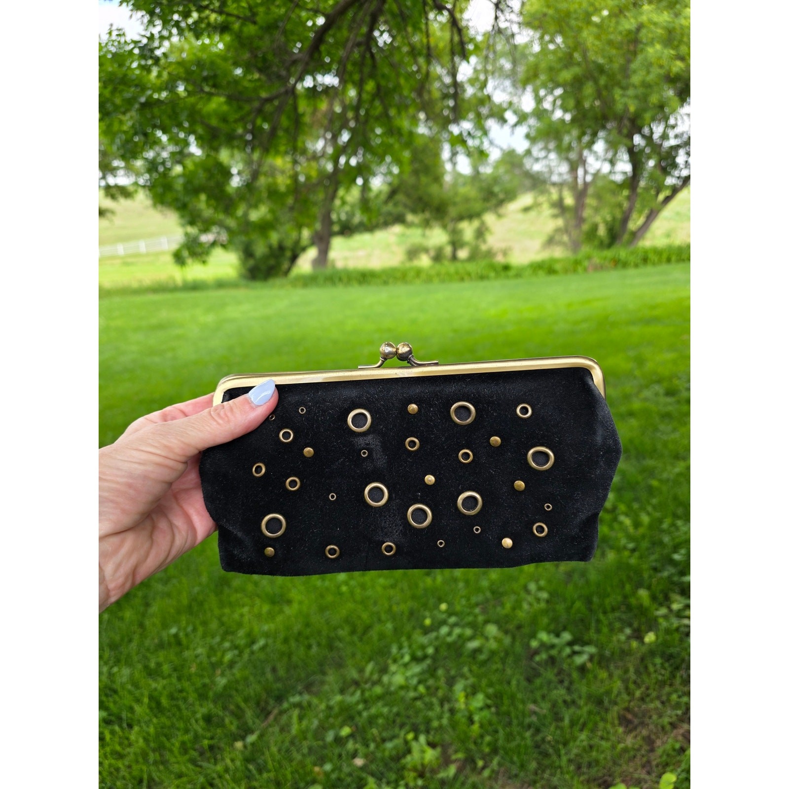VTG y2k Black Suede Kisslock Small Clutch Bronze Studs Grommets Grunge Punk
