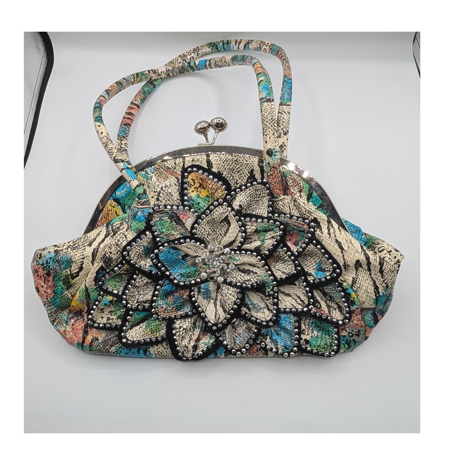 Julia and Michael Vintage Style Snakeskin Print Kiss Lock Bag Flower Rhinestone
