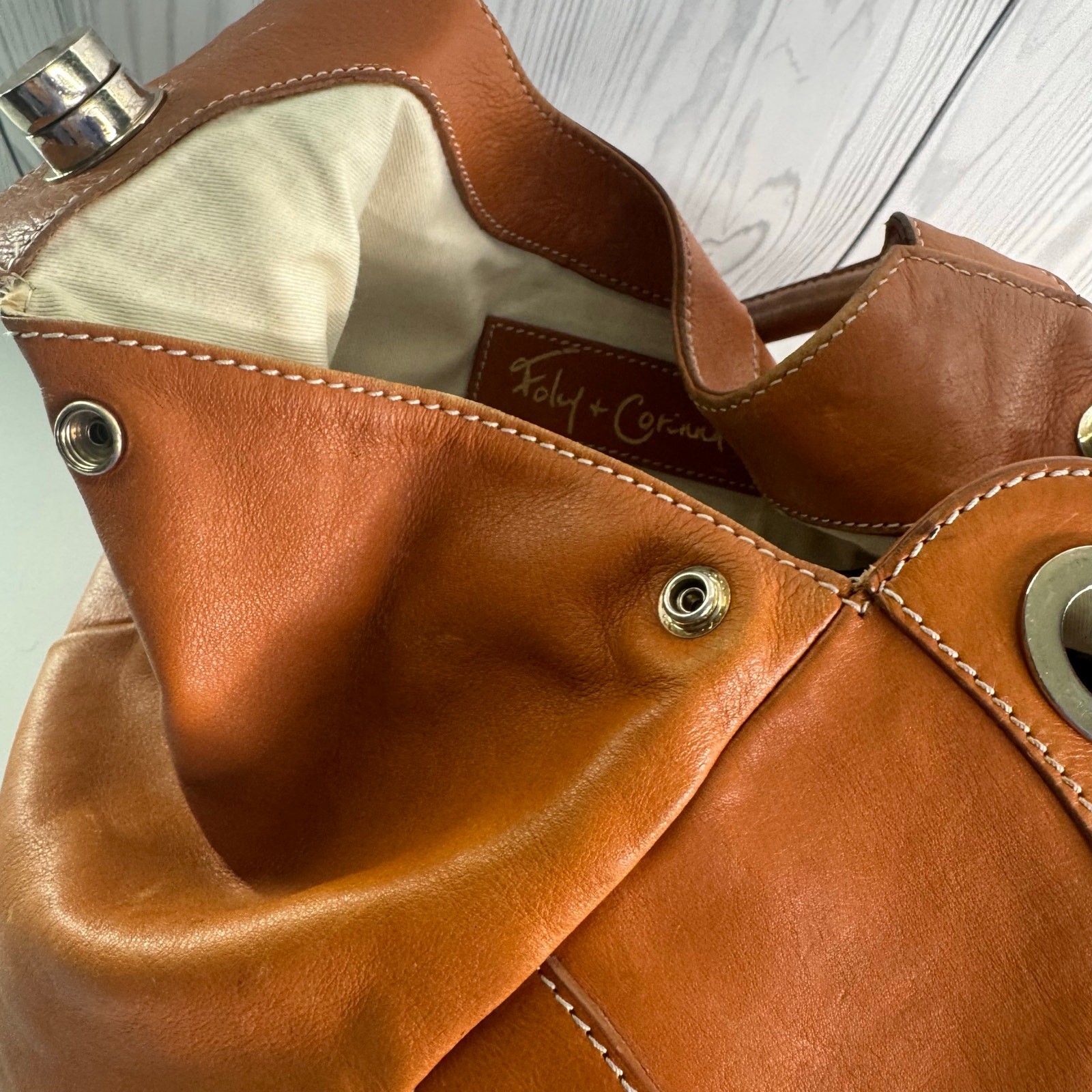 Foley & Corinna Jet Setter Large Top Handle Purse Camel Brown Leather Flaws