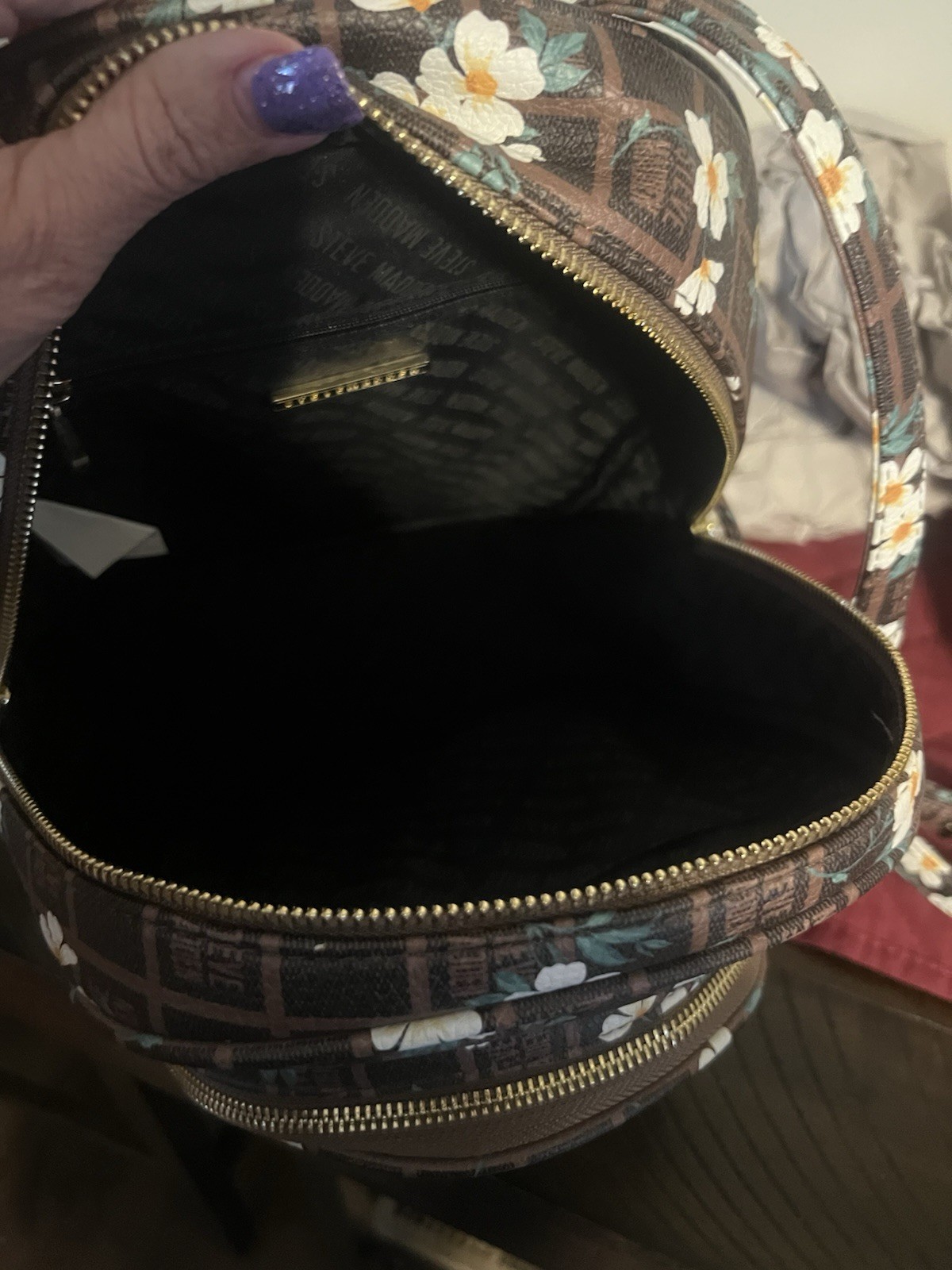 Steve Madden Brown Floral Mini Backpack Zip Closure Gold Hardware Inner Pockets
