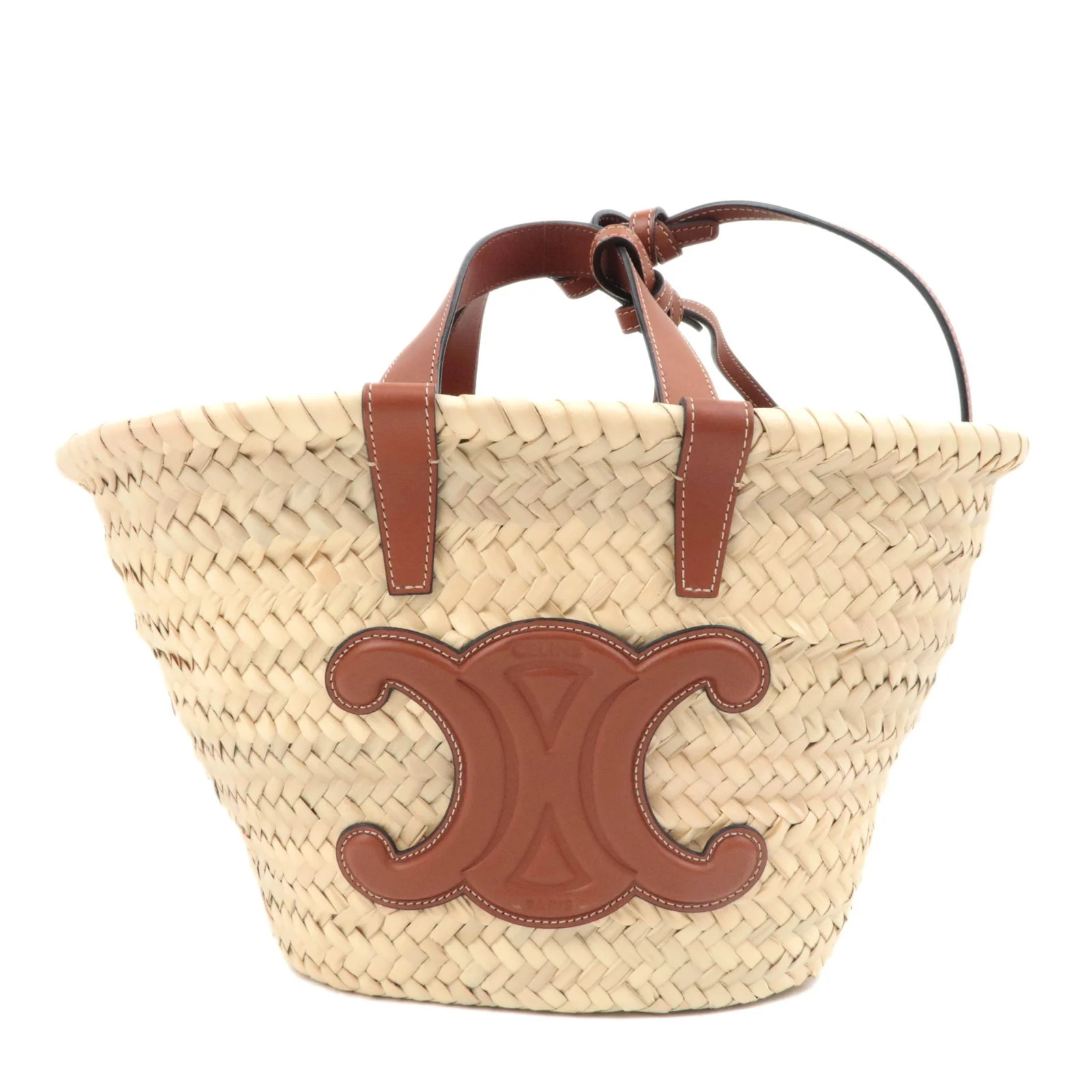 CELINE Triomphe Classic Panier 2Way Raffia Basket Bag Brown Authentic