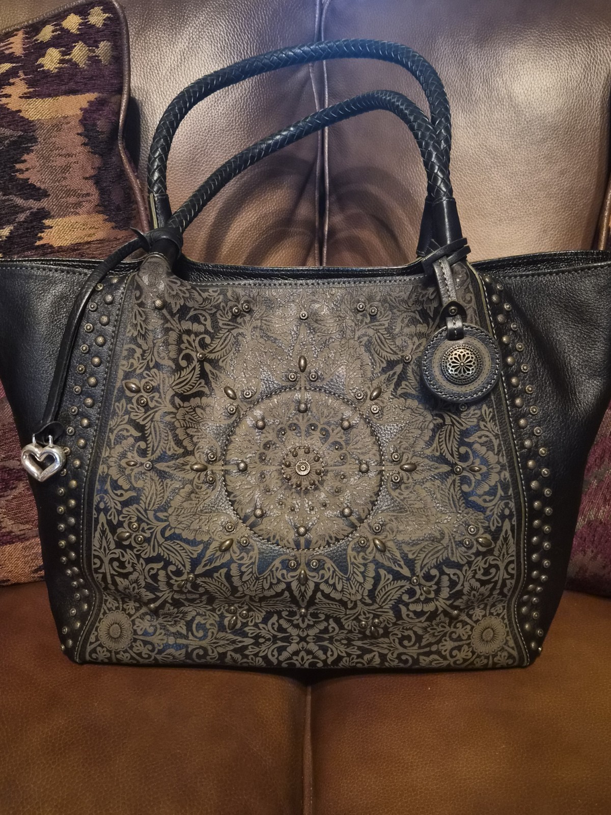 BRIGHTON FERRARA RAFAELA BLACK STUDDED MEDALLION PRINTED TOTE BAG (*READ)$460