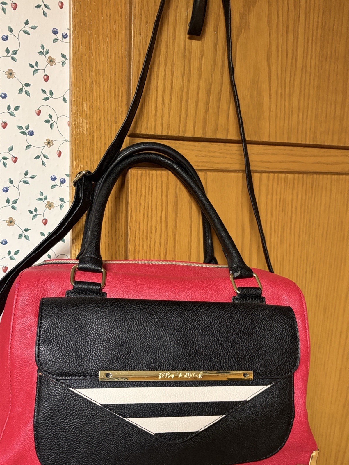 Betsey Johnson Pink W/ Black White Stripe Daisy Floral Tote Satchel Shoulder Bag