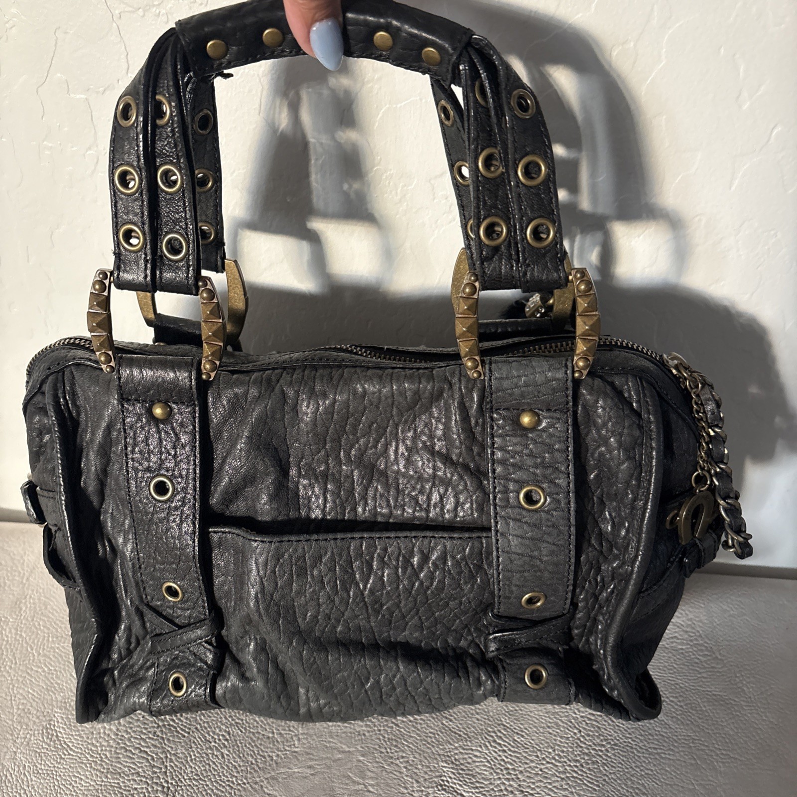 Betsey Johnson Black Studded Buckle Accent Zip Satchel Handbag Women Vtg