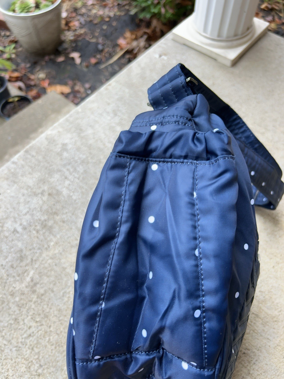Huge Lug Boomerang Freestyle Sling Bag Navy Blue Polka dots Crossbody