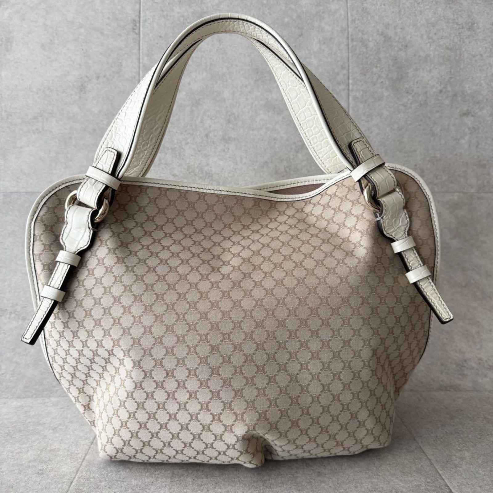 CELINE Bittersweet Tote Bag Macadam Canvas Croc Embossed Leather Ivory Beige