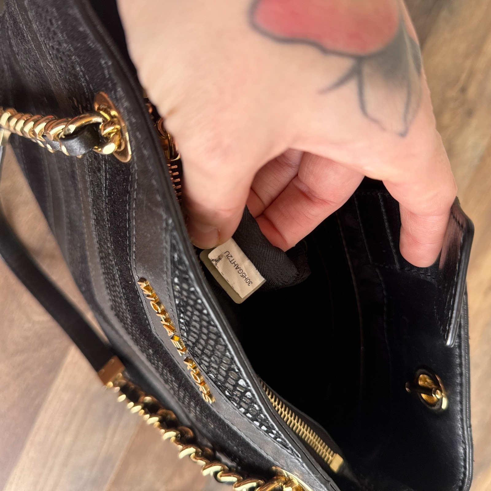 Michael Kors Susannah Chevron Black Tote Bag Patchwork Snakeskin Embossed