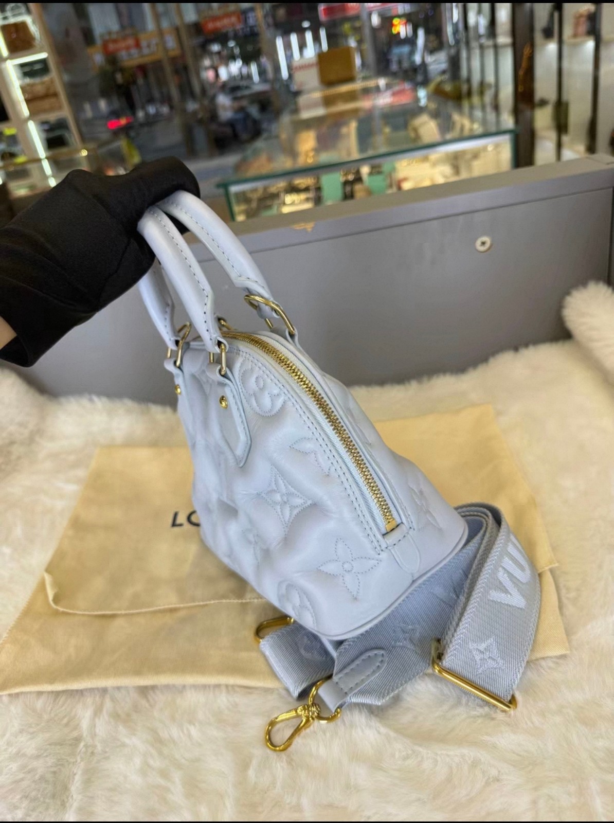 Louis Vuitton Alma BB Powder Blue Puffy Leather Wide Fabric Shoulder Strap