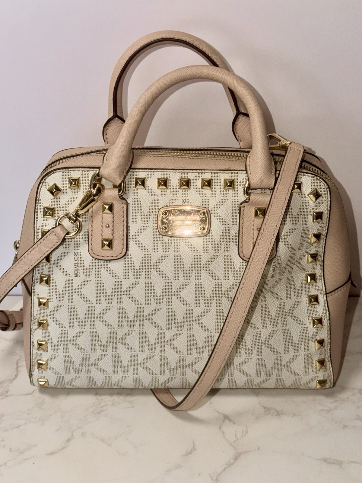 Michael Kors Women’s Signature Pink & Vanilla Gold Studs Satchel Crossbody Purse