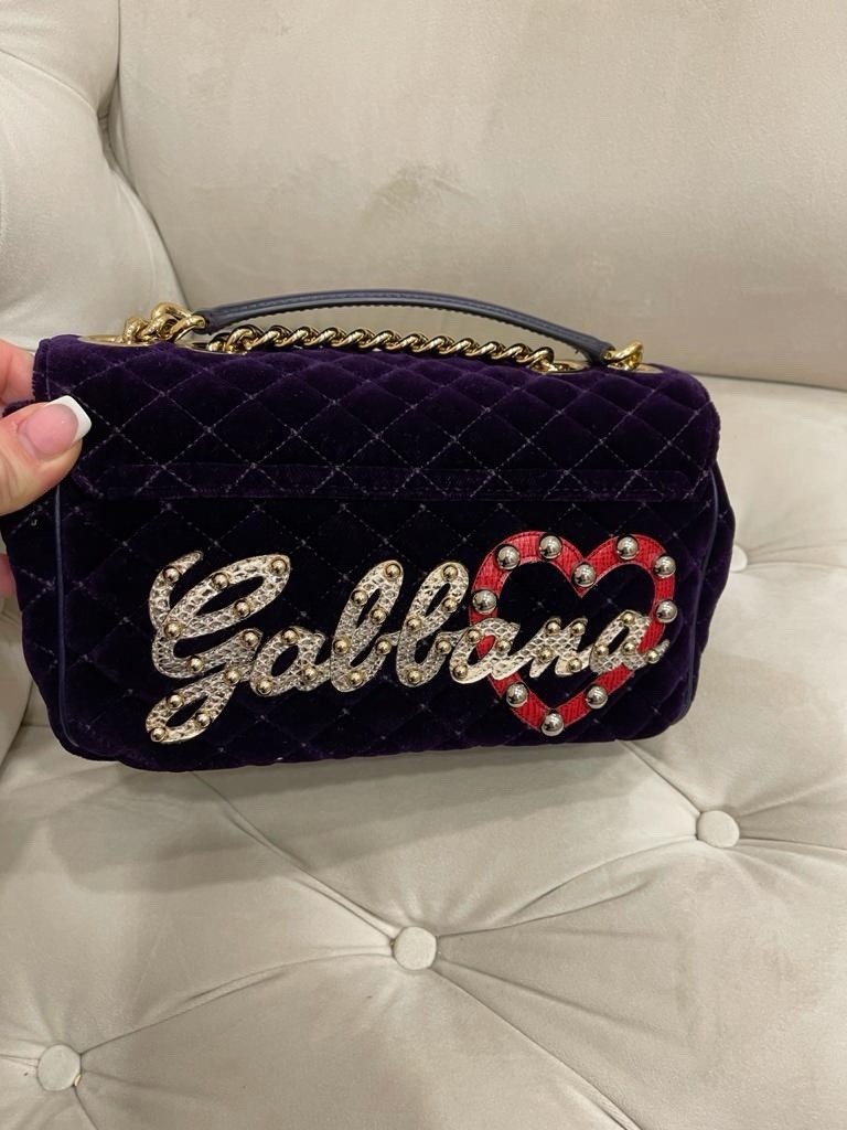 Dolce & Gabbana Purple Quilted Logo Studded Small Shoulder Bag Chain Gold HW