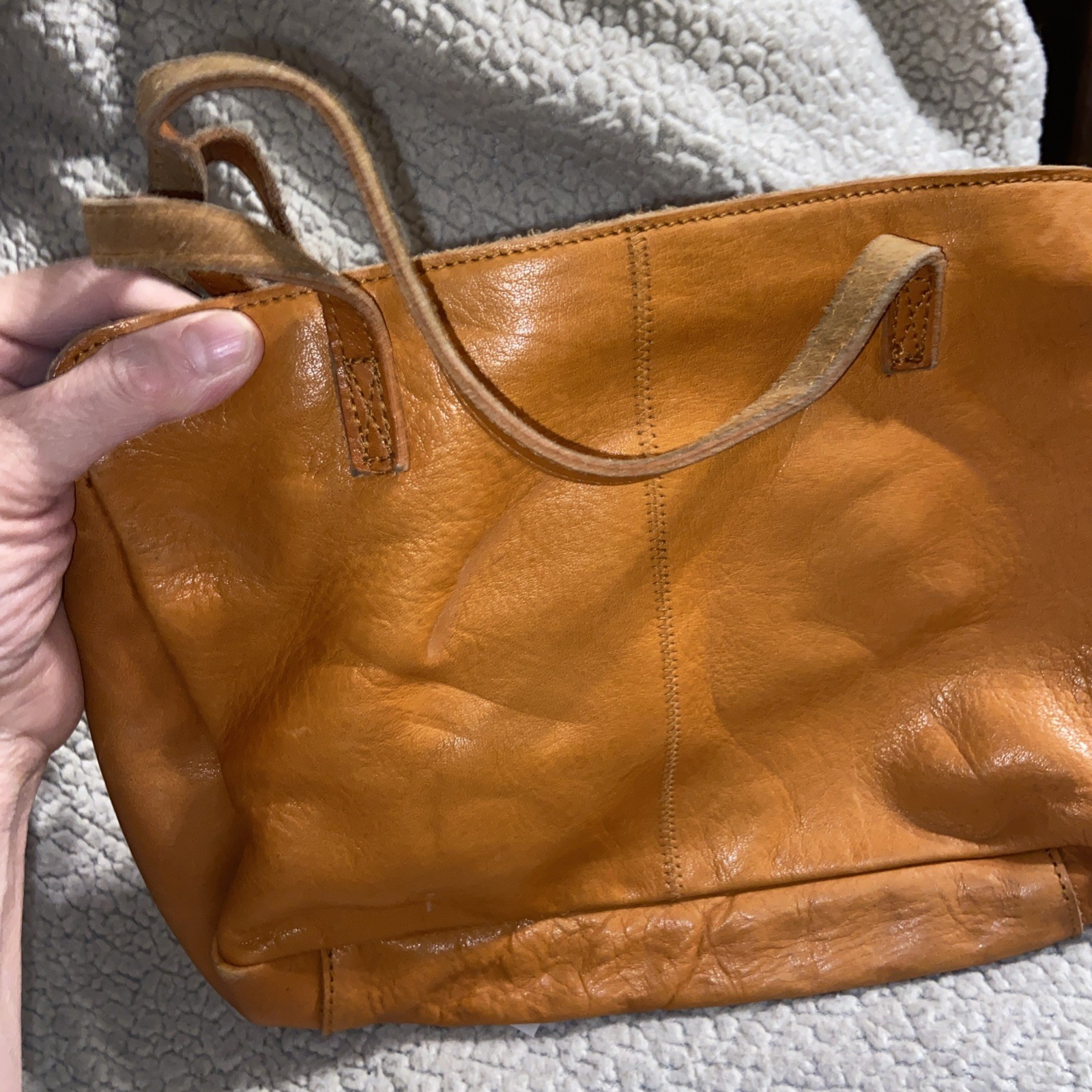 Genuine Tan Leather 12” W & 7 1/2” Tall 3 Pockets Inside & 1 Outside