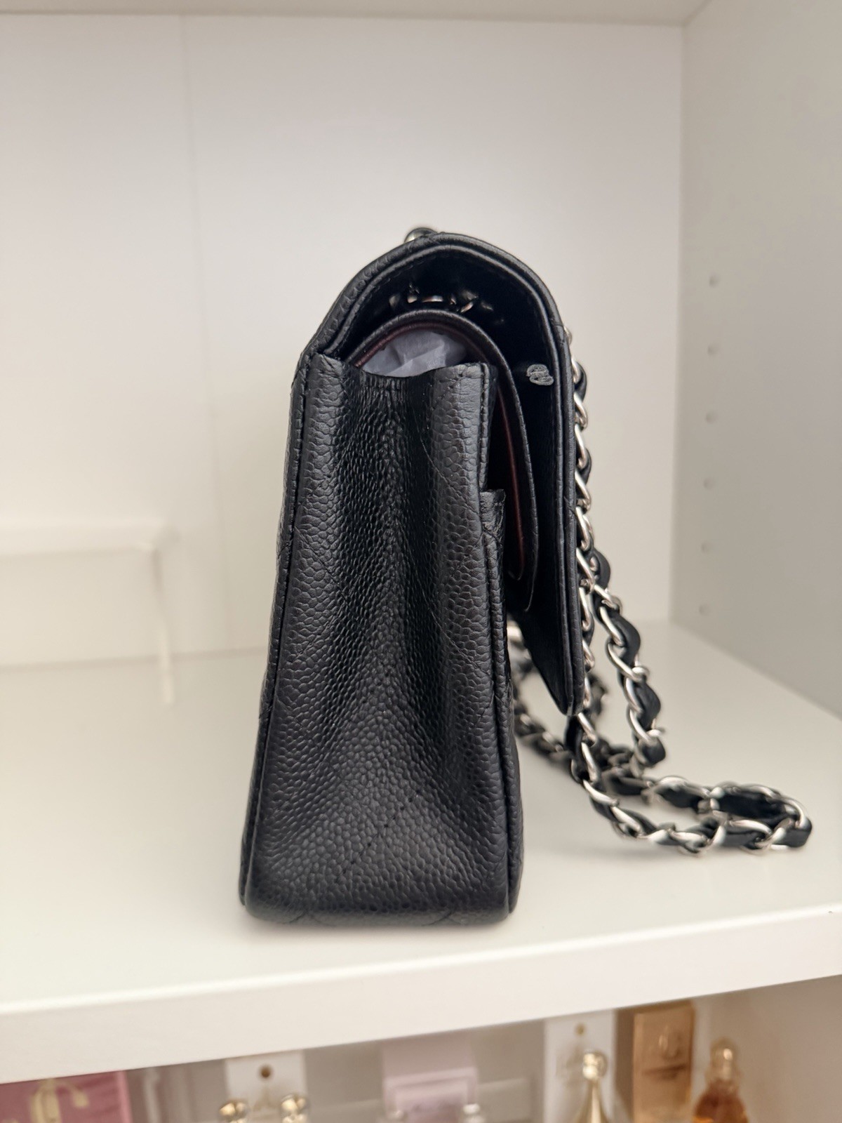 CHANEL Black Classic Flap Shoulder Bag Turn Lock Silver Hardware Medium w/Card