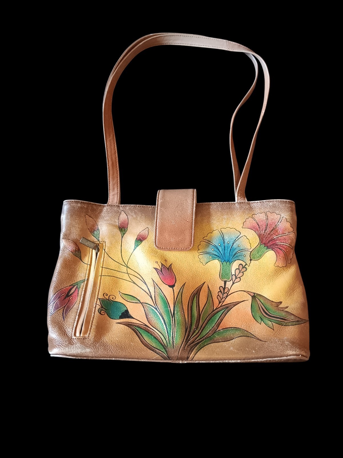 Anuschka Hand-Painted Floral Shoulder Bag Zip Top Lined Pockets Bag Charm