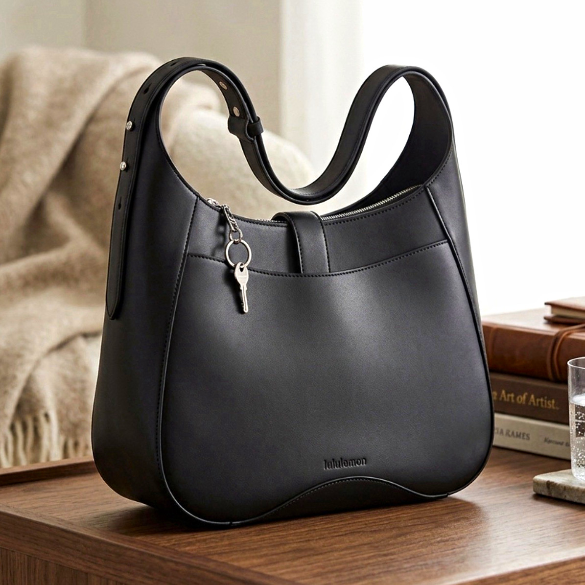 lululemon Black Solid Shoulder Bag, Zip Closure, Silver Hardware, Women