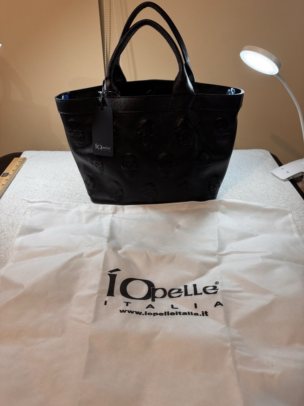 IO Pelle Italia Skull Black Leather Tote From Italy Includes Dustbag & Strap NWT