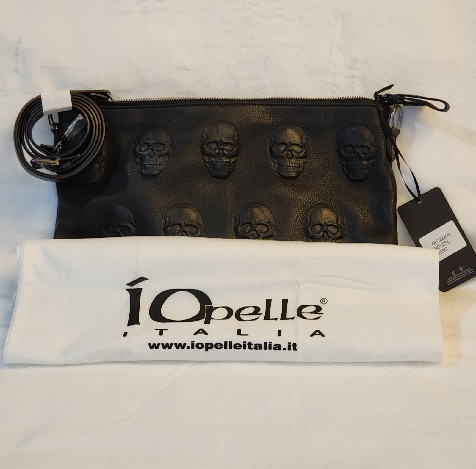 IO PELLE Black Italian Leather Embossed Skulls CROSSBODY Clutch Pouch 14×10 Goth