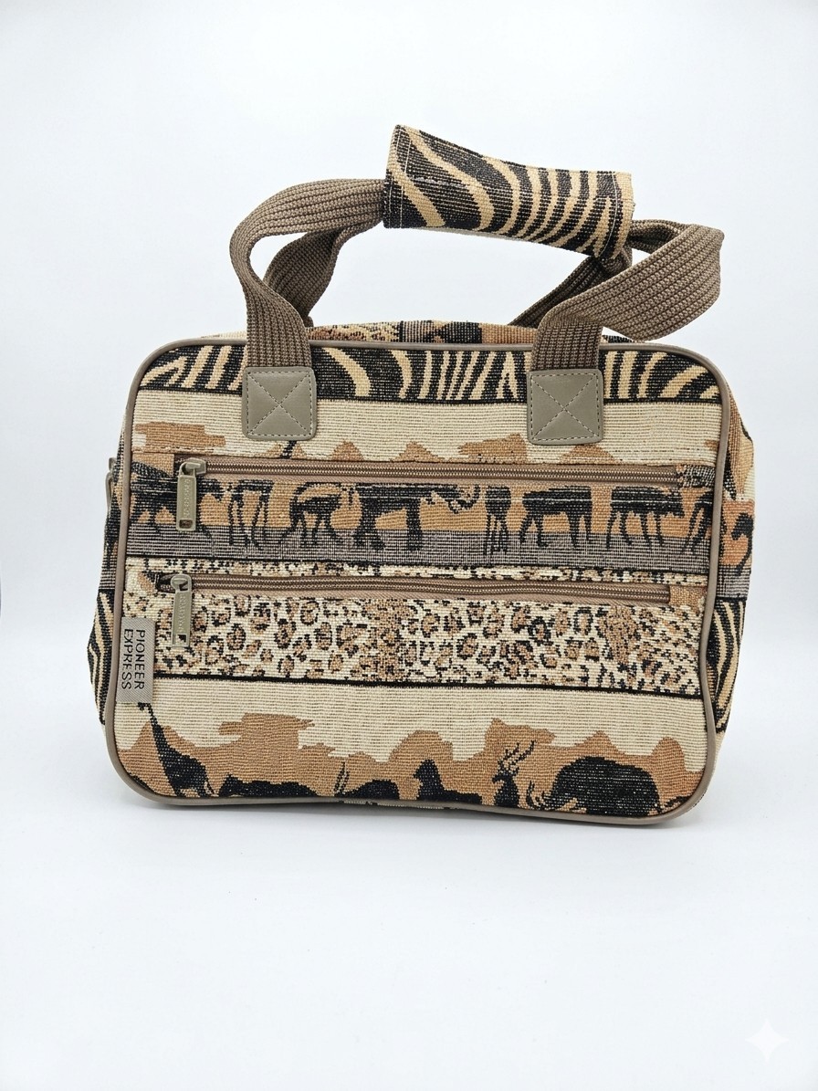 Vintage Pioneer Express Safari Tapestry Duffel Bag Multi Pocket Carry On Tote