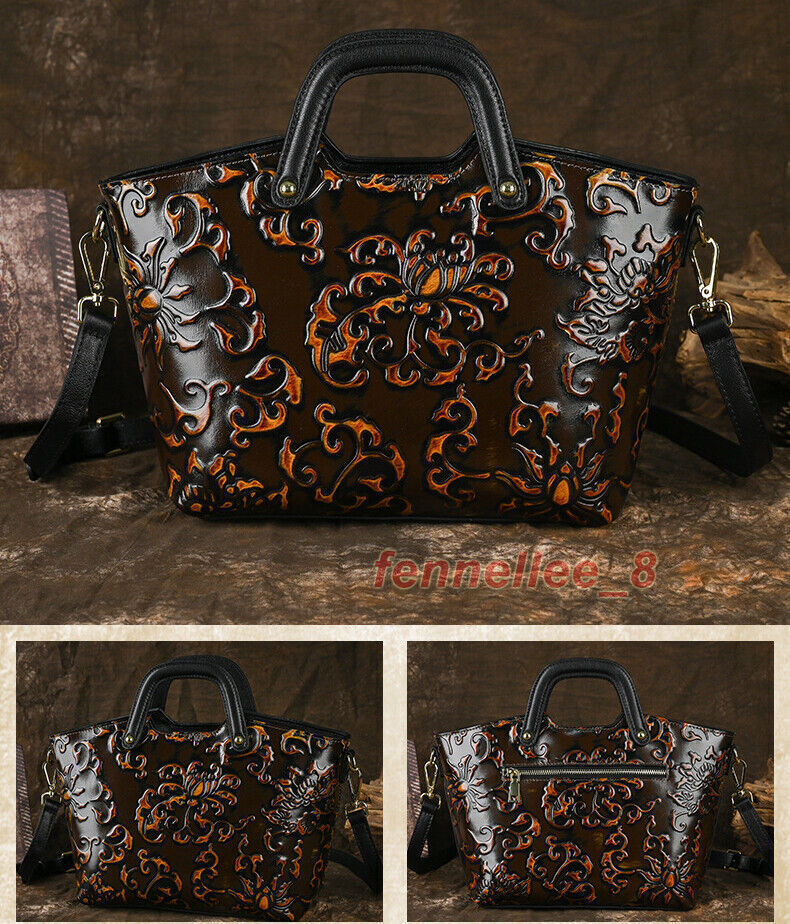 Women Genuine Cow Leather Shoulder Bag Handbag Purse Flower Embossed Tote Travel