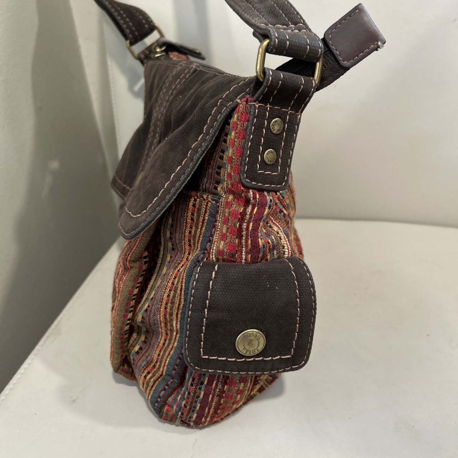 Fossil Multi-color Stripe Canvas Suede Flap Messenger Cross-body Bag BOHO Browns